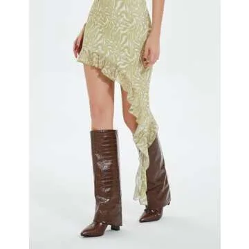 Modatope Brown Crocodile Fold Over Knee High Boots Brown Boots for Women Knee High Boots Women Chunky Heeled Tall Boots Size 7.5