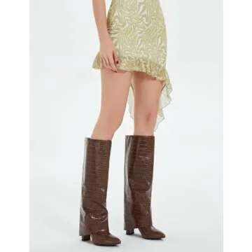 Modatope Brown Crocodile Fold Over Knee High Boots Brown Boots for Women Knee High Boots Women Chunky Heeled Tall Boots Size 7.5