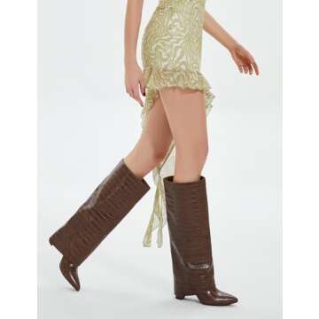 Modatope Brown Crocodile Fold Over Knee High Boots Brown Boots for Women Knee High Boots Women Chunky Heeled Tall Boots Size 7.5