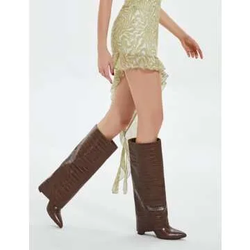Modatope Brown Crocodile Fold Over Knee High Boots Brown Boots for Women Knee High Boots Women Chunky Heeled Tall Boots Size 7.5