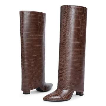 Modatope Brown Crocodile Fold Over Knee High Boots Brown Boots for Women Knee High Boots Women Chunky Heeled Tall Boots Size 7.5