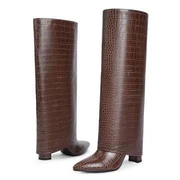 Modatope Brown Crocodile Fold Over Knee High Boots Brown Boots for Women Knee High Boots Women Chunky Heeled Tall Boots Size 7.5