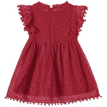 Niyage Toddler Girls Elegant Lace Pom Pom Flutter Sleeve Party Princess Dress in Wine Red
