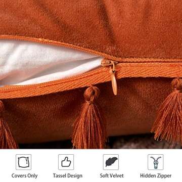 MIULEE Pack of 2 Fall Velvet Soft Solid Decorative Throw Pillow Cover with Tassels Fringe Boho Accent Cushion Case for Couch Sofa Bed 20 x 20 Inch Orange