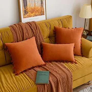 MIULEE Pack of 2 Fall Velvet Soft Solid Decorative Throw Pillow Cover with Tassels Fringe Boho Accent Cushion Case for Couch Sofa Bed 20 x 20 Inch Orange