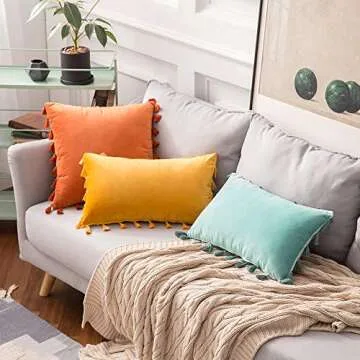 MIULEE Pack of 2 Fall Velvet Soft Solid Decorative Throw Pillow Cover with Tassels Fringe Boho Accent Cushion Case for Couch Sofa Bed 20 x 20 Inch Orange