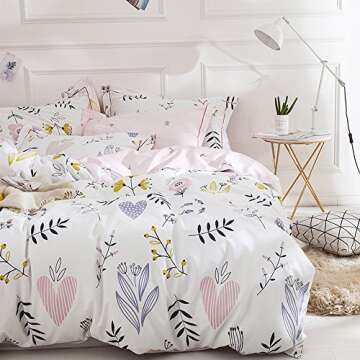 BuLuTu Floral Love Print Girls Duvet Cover Twin White/Pink Cotton Premium Blossom Kawaii Reversible ...