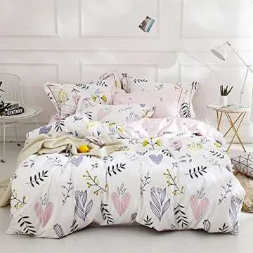 BuLuTu Floral Love Print Girls Duvet Cover Twin White/Pink Cotton Premium Blossom Kawaii Reversible Kids Bedroom Comforter Cover Bedding Sets for Toddler,Teen,Breathable,Lightweight,Zipper Closure