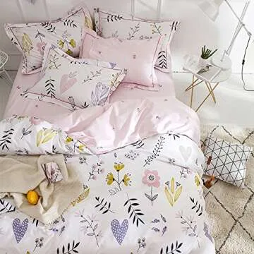 BuLuTu Floral Love Print Girls Duvet Cover Twin White/Pink Cotton Premium Blossom Kawaii Reversible Kids Bedroom Comforter Cover Bedding Sets for Toddler,Teen,Breathable,Lightweight,Zipper Closure