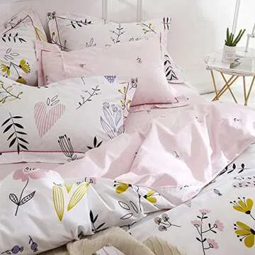 BuLuTu Floral Love Print Girls Duvet Cover Twin White/Pink Cotton Premium Blossom Kawaii Reversible Kids Bedroom Comforter Cover Bedding Sets for Toddler,Teen,Breathable,Lightweight,Zipper Closure