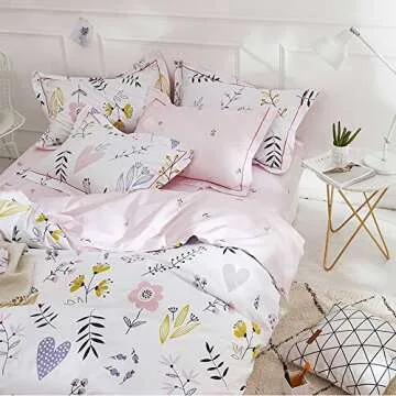 BuLuTu Floral Love Print Girls Duvet Cover Twin White/Pink Cotton Premium Blossom Kawaii Reversible Kids Bedroom Comforter Cover Bedding Sets for Toddler,Teen,Breathable,Lightweight,Zipper Closure