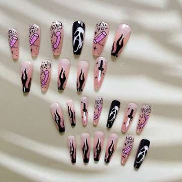 Halloween Press On Coffin Nails with Scary Designs