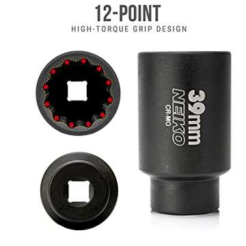 NEIKO 02529A 39mm Socket | 1/2” Drive Deep Impact Socket | Spindle & Axle Nut Socket | 12 Point |Chrome Molybdenum Cr-Mo |Deep Well Hub | Triple Square | Axle Shaft Nut Remover