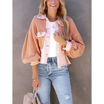 chouyatou Women's Cropped Waffle Knit Jacket Boyfriend Button Down Shirt Shacket Tops (Small, Pink)