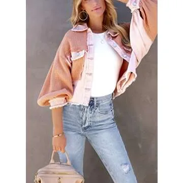 chouyatou Women's Cropped Waffle Knit Jacket Boyfriend Button Down Shirt Shacket Tops (Small, Pink)