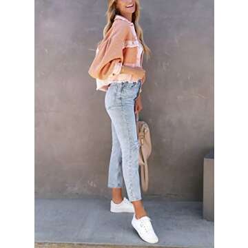 chouyatou Women's Cropped Waffle Knit Jacket Boyfriend Button Down Shirt Shacket Tops (Small, Pink)