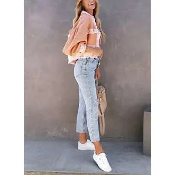 chouyatou Women's Cropped Waffle Knit Jacket Boyfriend Button Down Shirt Shacket Tops (Small, Pink)