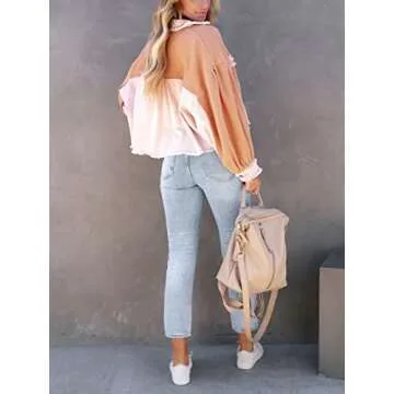 chouyatou Women's Cropped Waffle Knit Jacket Boyfriend Button Down Shirt Shacket Tops (Small, Pink)