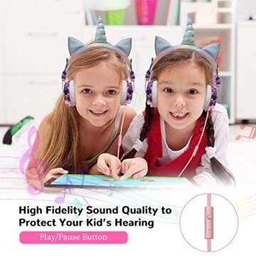 Unicorn Kids Headphones for Girls Children Teens, Wired Headphones for Kids with Adjustable Headband, 3.5mm Jack and Over On Ear Headset w/Mic for School Birthday Xmas Unicorn Gift