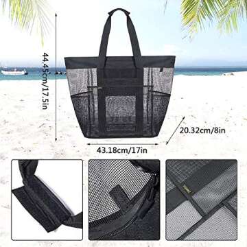 ZWOOS Large Beach Bags and Totes Bag for Women，Extra Waterproof Beach Tote Bag with Zipper & Pockets ， Heavy Duty, Lightweight & Foldable ，Grocery Produce Bags Washable Mesh Shopping Bags (Black）