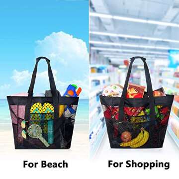 ZWOOS Large Beach Bags and Totes Bag for Women，Extra Waterproof Beach Tote Bag with Zipper & Pockets ， Heavy Duty, Lightweight & Foldable ，Grocery Produce Bags Washable Mesh Shopping Bags (Black）