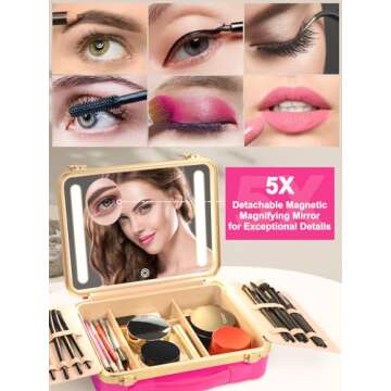 Kalolary Travel Makeup Train Cases with Lighted Mirror 3 Color Setting, Makeup Bag Cosmetic Case Org...