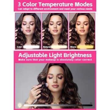 Kalolary Travel Makeup Train Cases with Lighted Mirror 3 Color Setting, Makeup Bag Cosmetic Case Organizer Adjustable Brightness Portable Makeup Storage Box with Detachable 5X Magnifying Mirror, Pink