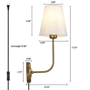 PASSICA DECOR Elegant Antique Brass Wall Sconce Set - 2 Pack of Plug-in Lights with Stylish White Fa...