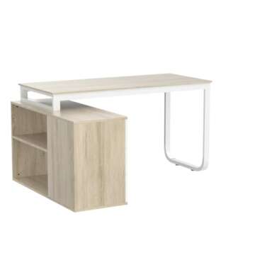 Homsee Home Office Computer Desk Corner Desk with 3 Drawers and 2 Shelves, 55 Inch Large L-Shaped Study Writing Table with Storage Cabinet - Walnut and White