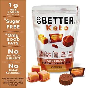 GO BETTER Keto Chocolate Caramel Cups - 7.5 oz Bag - 1g Net Carb, No Sugar, No Sugar Alcohols, No Artificial Ingredients, No Preservatives, Gluten Free