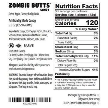 Zombie Butts Gummy Green Apple Fruit Flavored Jelly Disks Fun Unique Halloween Candy Gag Gift for Birthday Girls, Boys, Kids & Teens (5.5 Ounce)