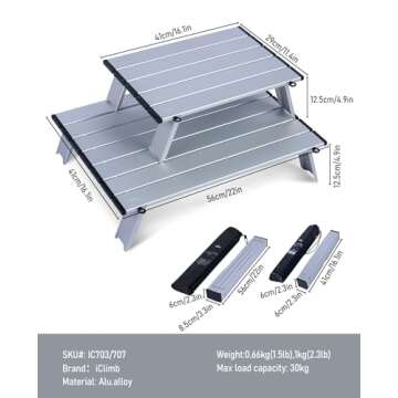 iClimb Ultralight Compact Mini Beach Picnic Folding Alu. Table with Carry Bag, Two Size (Silver - S)