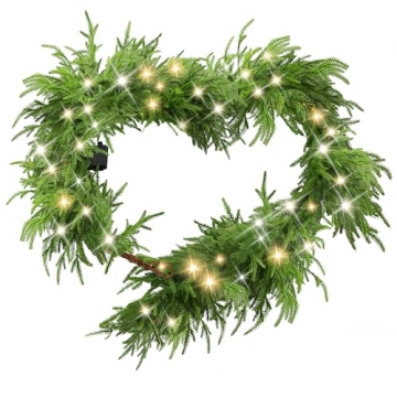 Goldshire 6 Ft Christmas Norfolk Pine Garland with 100 LED Lights, Dense Norfolk Pine Real Touch Gar...
