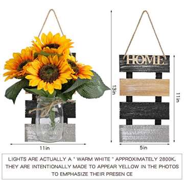 Rustic Mason Jar Wall Sconces with Remote Control LED Fairy Lights and Large Bunch Sunflowers, Farmhouse Wall Art Hanging Design Decorations for Living Room Kitchen Wall Home Decor Set of Two