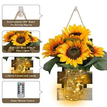 Rustic Mason Jar Wall Sconces with Remote Control LED Fairy Lights and Large Bunch Sunflowers, Farmhouse Wall Art Hanging Design Decorations for Living Room Kitchen Wall Home Decor Set of Two