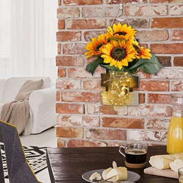 Rustic Mason Jar Wall Sconces with Remote Control LED Fairy Lights and Large Bunch Sunflowers, Farmhouse Wall Art Hanging Design Decorations for Living Room Kitchen Wall Home Decor Set of Two