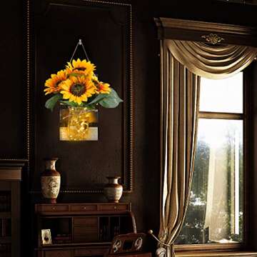 Rustic Mason Jar Wall Sconces with Remote Control LED Fairy Lights and Large Bunch Sunflowers, Farmhouse Wall Art Hanging Design Decorations for Living Room Kitchen Wall Home Decor Set of Two