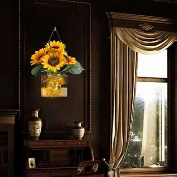 Rustic Mason Jar Wall Sconces with Remote Control LED Fairy Lights and Large Bunch Sunflowers, Farmhouse Wall Art Hanging Design Decorations for Living Room Kitchen Wall Home Decor Set of Two