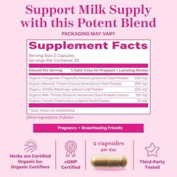 Pink Stork Total Lactation Supplement for Breast Milk Supply, Organic Fenugreek and Alfalfa to Support Breastfeeding, Milk Flow, and Production, Postpartum Essentials - 60 Capsules