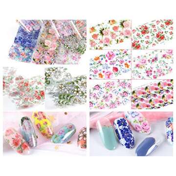GOTONE 91Colors Nail Foil Transfer Sticker, Holographic Romantic Flowers DIY Manicure Nail Art Stickers Tips Wraps Foil Transfer Adhesive Glitters Acrylic Decoration (91pcs/set,20cm*4cm/pc)