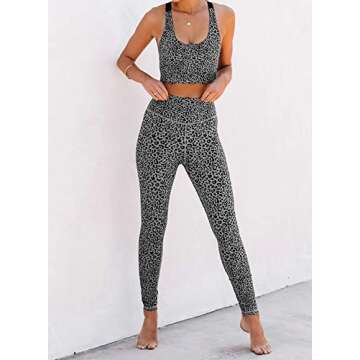 Canikat Women's Leopard Print Workout Sets 2 Pieces Scoop Neck Sleeveless Crop Top Sports Bra with High Waisted Yoga Leggings Gray M