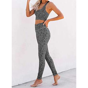 Canikat Women's Leopard Print Workout Sets 2 Pieces Scoop Neck Sleeveless Crop Top Sports Bra with High Waisted Yoga Leggings Gray M