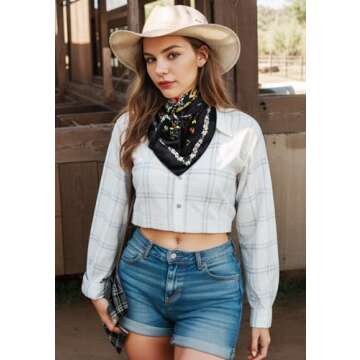 GERINLY Boho Wild Rag Silk Feel, Western Neckerchief with Paisley, Cowgirl Scarves Wildflower Print (Black)