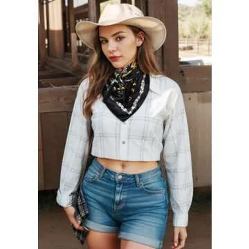 GERINLY Boho Wild Rag Silk Feel, Western Neckerchief with Paisley, Cowgirl Scarves Wildflower Print (Black)