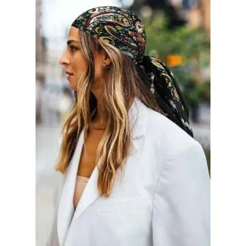 GERINLY Boho Wild Rag Silk Feel, Western Neckerchief with Paisley, Cowgirl Scarves Wildflower Print (Black)