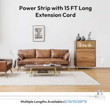 Extension Cord 15 ft, NTONPOWER Power Strip with Long Extension Cord, 3 Outlet 4 USB Compact Desktop...