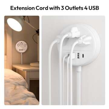 Extension Cord 15 ft, NTONPOWER Power Strip with Long Extension Cord, 3 Outlet 4 USB Compact Desktop Charging Station Wall Mount for TV Living Room, Dorm, Office and Nightstand, White
