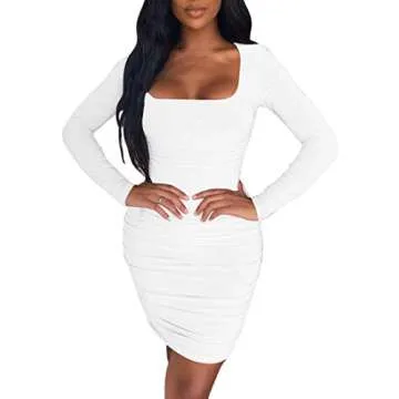 Kaximil Women's Sexy Bodycon Ruched Mini Club Dress Long Sleeve Basic Casual Dresses,Small,White