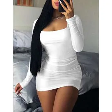 Kaximil Women's Sexy Bodycon Ruched Mini Club Dress Long Sleeve Basic Casual Dresses,Small,White