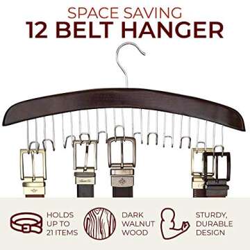 Richards Belt Organizer 12 Hooks - Belt Hanger for Closet - Belt Holder Display Belt Rack with Wood and Chrome Accents Dark Walnut